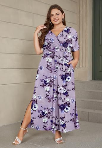 Image of Keluummi Plus Size Maxi Dress for Women Floral Empire Waist V-Neck 3 /4 Sleeve with Pockets