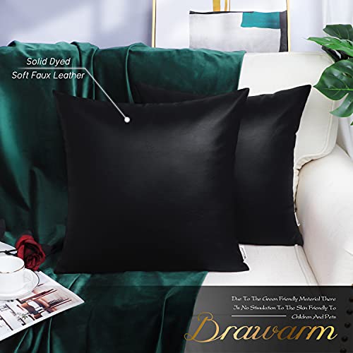 Image of BRAWARM Pack of 2 Cozy Throw Pillow Covers Cases for Couch Sofa Bed Solid Faux Leather Soft Luxury Cushion Covers Both Sides Home Decoration 20 X 20 Inches Black