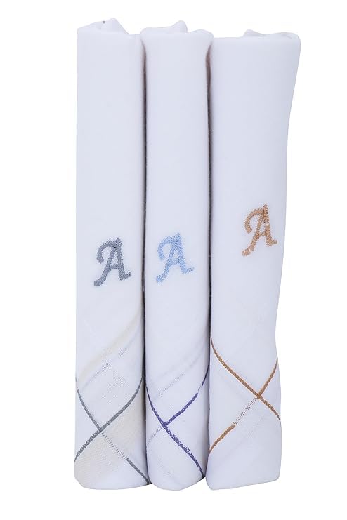 Image of CROSSLINE Men's Initial Monogram (A-Z) Embroidery 100% Pure Cotton Handkerchief | White Base With Colored Border | Handkerchiefs For Men Cotton Soft - (Pack of 5)