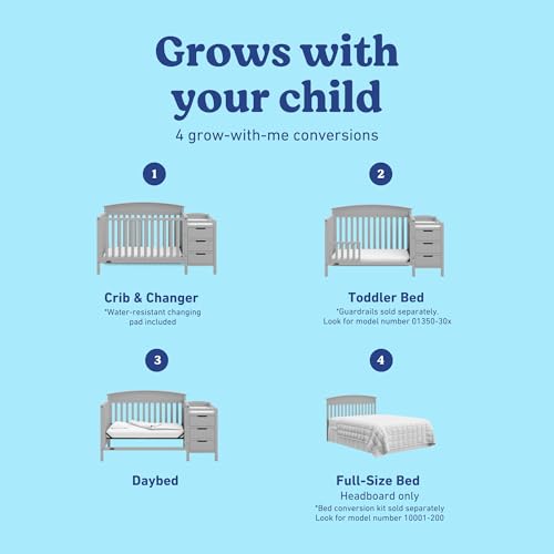 Image of Graco Benton 4-in-1 Convertible Crib and Changer, Pebble Gray | GREENGUARD Gold Certified, Baby Crib & Changing Table Combo, Includes Water-Resistant Changing Pad, Converts to Full-Size Bed