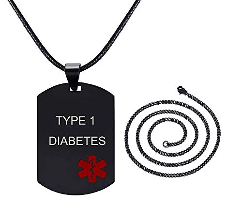 MPRAINBOW Men's Stainless Steel Medical Alert TYPE 1 DIABETES Dog Tag Pendant Necklace Black