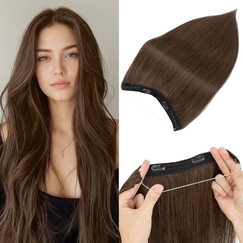 Prokyvity Wire Hair Extensions Real Human Hair,Wire Hair Extension 100% Human Hair,Clip in Extensions,Straight Natural Brown 18inch/65g