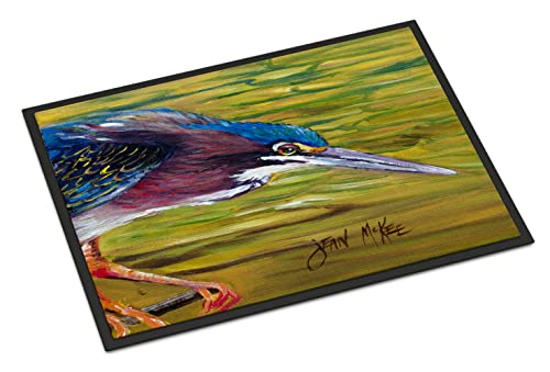 Caroline's Treasures JMK1016MAT Green Heron Doormat 18x27 Front Door Mat Indoor Outdoor Rugs for Entryway, Non Slip Washable Low Pile, 18H X 27W