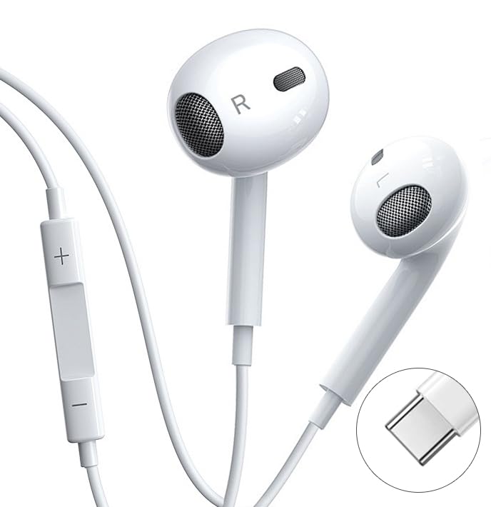 USB C Headphones with Cable for iPhone 17/16/15 Pro Max/Plus iPad Pro, In-Ear Headphones with Type C Cable, Microphone, Volume Control for Samsung S23/S22/S21/S20/A53/A54 Google Pixel 8/7/6A/5/4