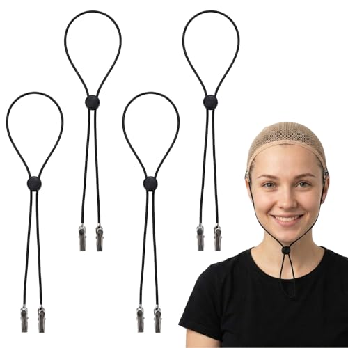 Vincreem 4 Pcs Wig Chin Strap with Metal Clips for Styling, Cutting & Brushing Adjustable Non Slip Black Band for Secures Lace Wigs Hair Hold Salon Home Photoshoot Cap Accessories