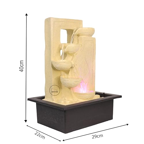 Image of Homvation Cream Resin Tabletop Water Fountain with LED Light | 4-Tier Cascading Waterfall Showpiece for Living Room, Office Desk | Vastu Home Decor Gift