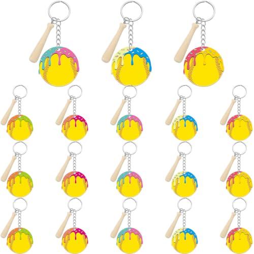 Equsion 20 Pcs Softball Ice Cream Drip Acrylic Keychains with Bat Pendant