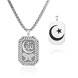 VASSAGO Islamic Necklace for Men Double Sided Allah Crescent Moon Star Dog Tag Pendant Stainless Steel Muslim Jewelry for Ramadan Eid (Silver)