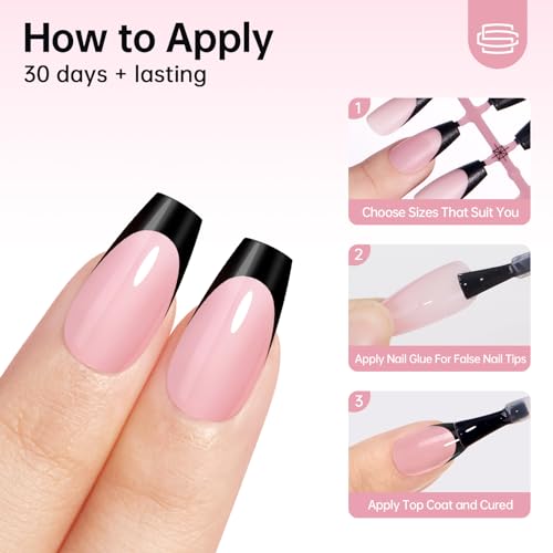 CHRISTINE SHELLY French Gel Nail Tips 240Pcs French Tip Press on Nails Pink Medium Coffin 4 in 1 Pre-applied Tip Primer & Base Coat No Need to File Fake Nails for Salon & DIY 15 Sizes Black - Image 6