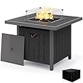 SERWALL 33" Outdoor Fire Pit Table, 50,000 BTU Square Propane Fire Pit Table with Lid, Glass Rock & Glass Wind Guard, HDPE Outdoor Furniture for Patio, Garden, Backyard, Black