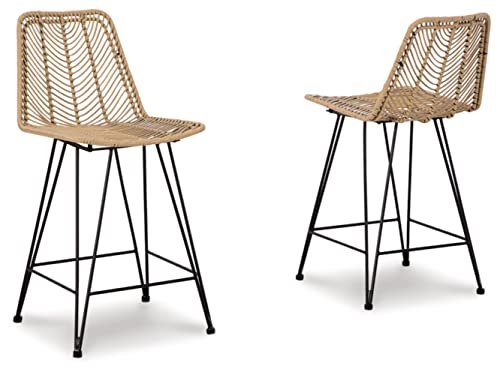 Signature Design By Ashley Angentree Bohemian Wicker Counter Height Barstool With Footrest, 2 Count, Black & Beige #TOP3