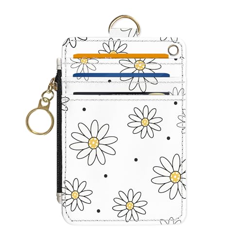 DATOUCAT Slim Wallet Credit Card Holder, White daisy V, RFID Wallet Women Cute Small Front Pocket Wallet With Zipper, PU Leather Thin travel RFID Blocking Card Case ID Window,Ladies Gifts