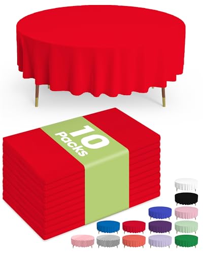 Image of Pureegg Plastic Table Cloth Disposable 10 Pack, 84'' Round Table Cloths, Valentines Day, Thanksgiving, Christmas Decorations, Fall Tablecloths, Round, Plastic Cover, Leakproof & Sturdy, Red