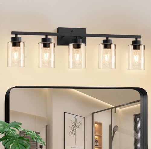 IZORRO Modern Bathroom Light Fixtures 5 Light Black Vanity Lights Bathroom Lighting Fixtures Over Mirror with Clear Glass for Living Room Cabinet Bedroom