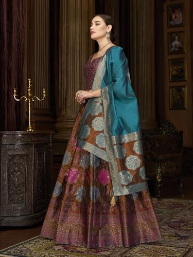 Image of PURVAJA Women's Kanjiwaram Semi-Stitched Lehenga choli