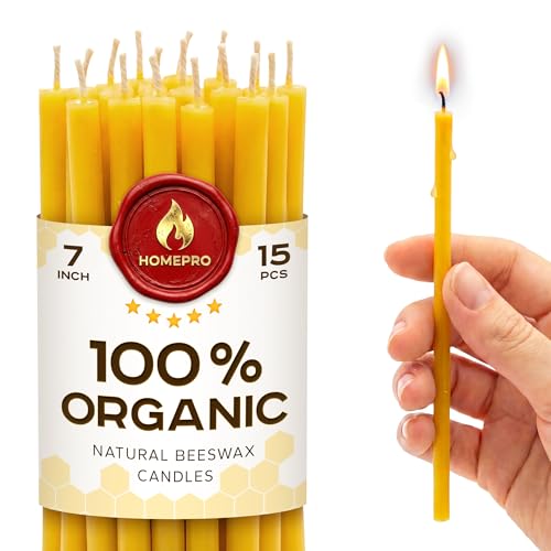 Natural Candles 7” 15 pcs Best Candle Pure Deep Yellow Bee Wax with Great Honey Scent and Cotton Wicks - Eco Friendly 100% Candles for Decoration Home Birthday Cake 1104408