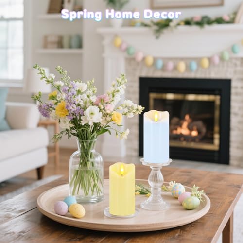 Image of Flameless Candles Light, Set of 2 6 inchx3 inch Flickering Pastel Spring LED Candles with Remote & Timer, Dimmable Real Wax Easter Pillar Candles Battery Operated for Home Spring Easter Decor (Blue Yellow)