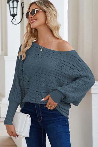 Image of Cakulo Womens Off Shoulder Crochet Sweater Top 2025 Fall Fashion Batwing Long Sleeve Sweaters Outfits Denim Blue XL