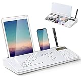 Yorbay Schreibtisch Whiteboard Glas Memoboard klein Schreibtafel mit Taschenrechner, Tastatur Tablet Ständer, für Büro Organizer