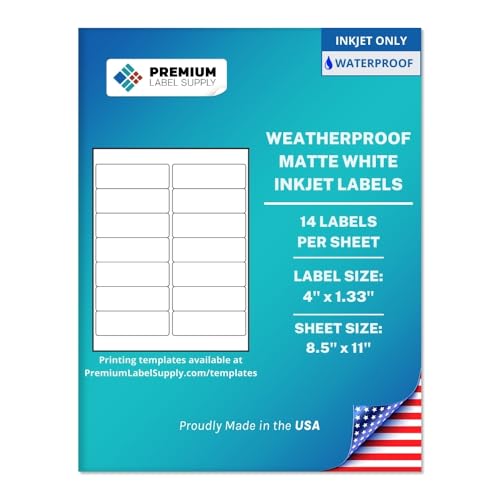 Premium Label Supply Waterproof White Address Sticker Labels – 4" x 1.33" – Inkjet Printers Only – (14 per Sheet), 10 Sheets - 140 Total Adhesive Labels