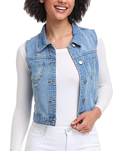Xeoxarel Women's Denim Vest, Sleeveless Jean Jacket, Classic Crop Distressed Buttoned Washed Chest Pockets (Blue, Large) #TOP1
