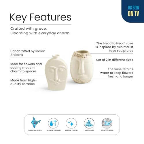 Image of ExclusiveLane 'Head To Head' Decorative Ceramic Flower Vase For Living Room Ceramic Vase for Home Decor Side Table Show Case Flower Vases Showpiece Gifts (Set of 2, 17.1 Cm, Handglazed Studio Pottery)