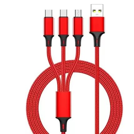 Image of Nylon Braided 3 in 1 Fast Charging Cable, 3A, 3 Feet, Red
