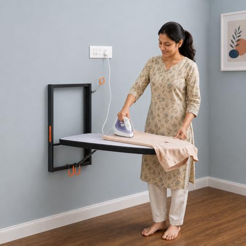 Image of Bathla X-Pres Vault Wall Mounted Ironing Board | Foldable Space Saving Iron Table for Clothes | Easy-Release Lever | Compact Wall Mount Design for Home & Laundry Room Removable Cotton Cover (Black)
