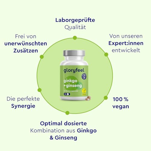 Ginkgo + Ginseng Tabletten - 365 Stück für mentale Performance & Lebensenergie* - je 60 mg Ginkgo biloba Blattextrakt & Panax ginseng Wurzelextrakt pro Tag - optimal dosiert & sorgfältig laborgeprüft