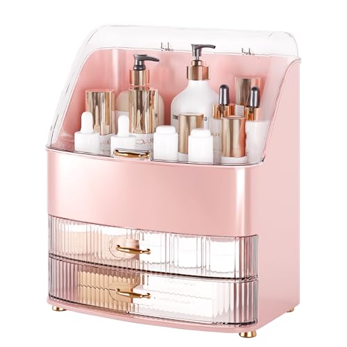 Image of Makeup Organizer Countertop Vanity with Transparent Lid Drawers Waterproof Dustproof Cosmetic Skincare Bathroom Storage Gift for Women Teens Girls (Pink)