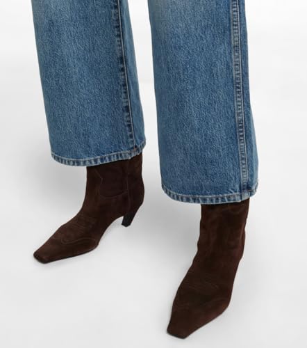 Women's Suede Leather Ankle Boots Cowboy Kitten Heel Square Toe Slip On Embroidery Chelsea Mid Calf Boots Fashion Comfort Low Heel Short Booties3