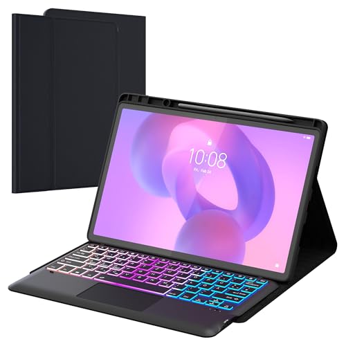 für Lenovo Idea Tab Pro 2025 12.7 Zoll Hülle mit Abnehmbare Tastatur : DIY 3-Zonen 7-Farbige Beleuchtung QWERTZ Tastatur mit Trackpad - Hülle mit Stifthalter für Lenovo Idea Tab Pro 12.7 Schwarz