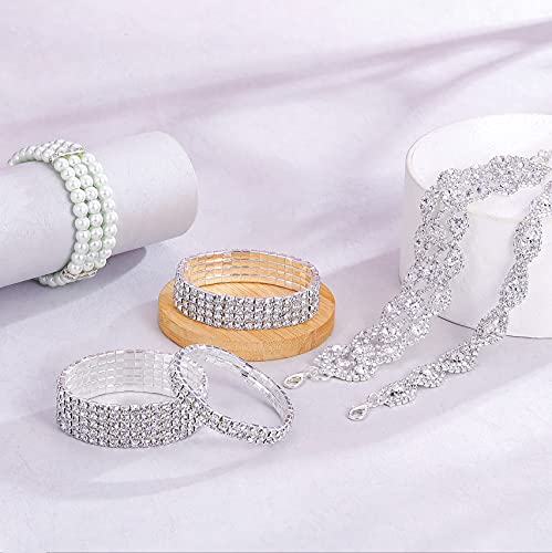 Eielo 6 Pcs Rhinestone Stretch Bracelet For Women Sparkly Clear Crystal Wedding Bridal Bridesmaid Stretch Bracelet Jewelry Stackable Elastic Pearl Multilayer Strand Link Tennis Bracelets Set thumb #4