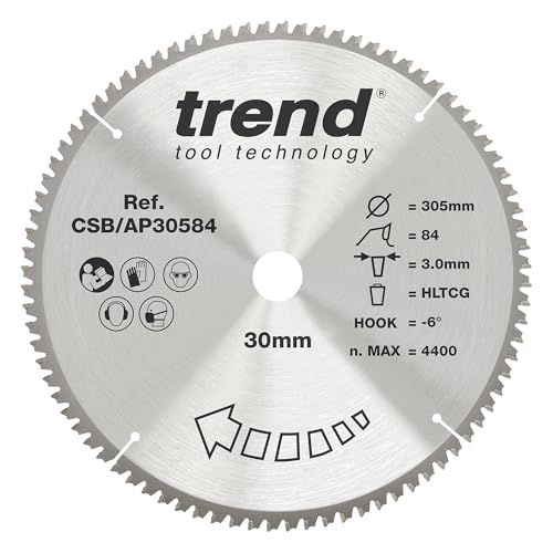 Trend CraftPro Hoja de sierra circular TCT para encimera de aluminio y plástico, 305 mm de diámetro x 84 dientes x 30 mm de diámetro interior, punta de carburo de tungsteno, CSB/AP30584