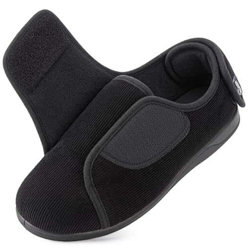 HomeTop Men's Corduroy Slippers Comfy Adjustable Hook and Loop Memory Foam Wide Indoor House Shoes Black,11 US