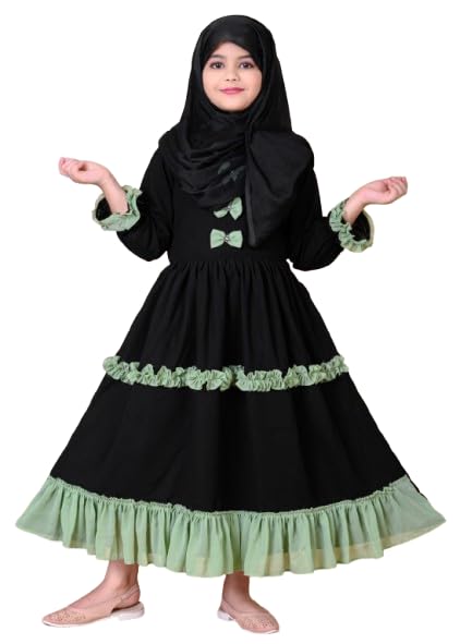 Girls Black Abaya Dress with Green Ruffle Trim, Bow Details, Long Sleeve Islamic Modest Wear-picture-55