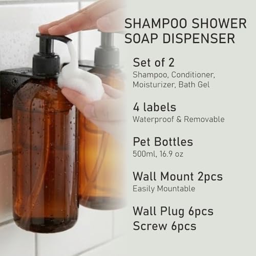 Image of Old Tree Refillable Shampoo and Conditioner Dispenser for Hotel Wall Mounted (Pack of 2, 500ML) | Black Metal Organizer with Plastic Bottles & Matte Black Pump | Dispenser for Bathroom & Kitchen