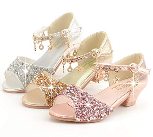Gojerp Little Kids Girls Sandals Glitter Rhinestone Dress Pumps Sequins Princess Low Heels Party Dance Shoes (Silver, Numeric_1) #TOP4