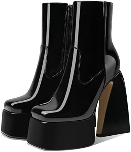 Goiphrri Womens Chunky Heel Ankle Boots Platform Block High Square Toe Zipper Punk Combat Motorcycle Mid Calf Boots For Women
