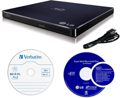 LG 6X WP50NB40 External Portable Blu-ray Burner in Retail Box Bundle with 50GB Verbatim M-Disc BD-R DL and Cyberlink Burning Software