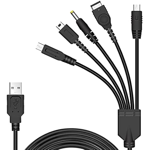 lanruosu-R 5 in 1 USB Charger Cable Cord for NDS Lite/Wii U/New 3DS(XL/LL),3DS(XL/LL),2DS,DSi(XL/LL),NDS/GBA SP,PSP 1000 2000 3000, Black, 1.2m Cover
