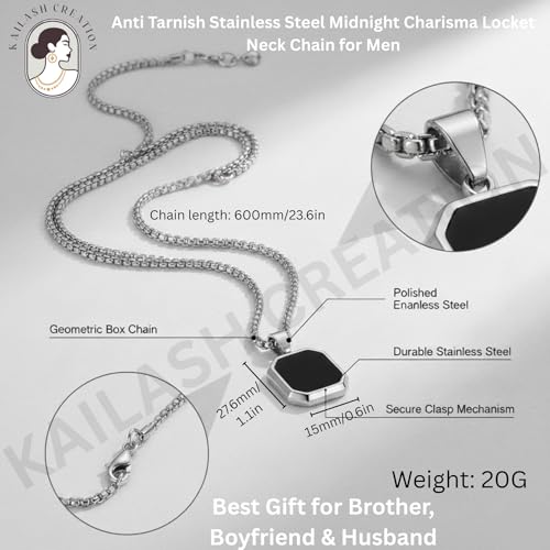 Image of Men's Stainless Steel Pendant Chain | Anti-Tarnish Silver Geometric Pendant Chain with Black Enamel Locket | Premium Stylish Neck Chain for Boys & Men | Durable Daily Wear Jewellery Gift for brother, Boyfriend and Husband
