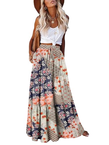 onlypuff Maxi Skirt for Women Boho Western Skirts High Waist Long Skirt with Pockets Fall Festival Outfits Clothing SpliceOrange M
