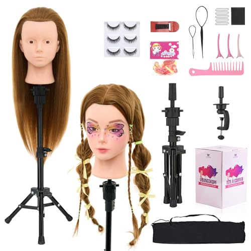 Neverland Beauty 71cm Cabeza Muñeca para Peinar y Maquillar con Mini Trípode, 60% Pelo Humano Cabeza Maniqui Peluqueria con Soporte de Mesa + Pestañas + Accesorios de Peinado DIY
