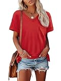 ATHMILE Womens Tops 2024 Basic Tees for Women Short Sleeve V Neck T Shirts for Women Red