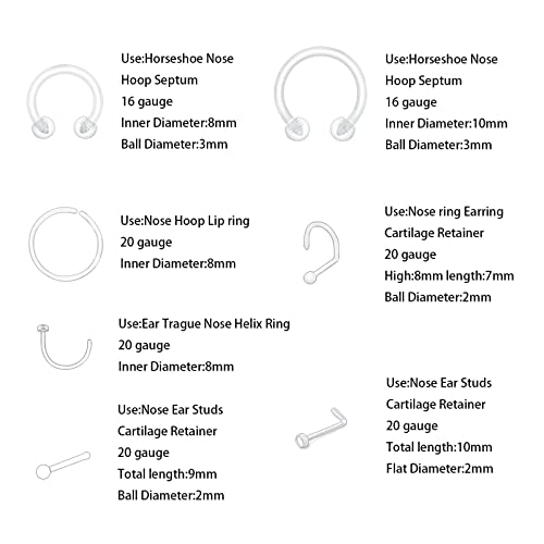 48pcs Clear Piercing Retainers Bioflex Nose Tongue Belly nipple rings Plastic Earings Eyebrow Cartilage Tragus Lip Septum Hoop Nose Stud Industrial Bar Piercing Jewelry For Surgery.2