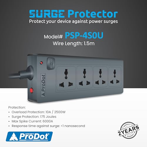Image of Prodot 4 Universal Sockets Surge Protector with 1.5m Heavy-Duty Copper Cord | Up to 2500W (250V~10A) I 350 Joules Protection I Automatic Overload Protection I Shock-Proof ABS Body I Home & Office Use