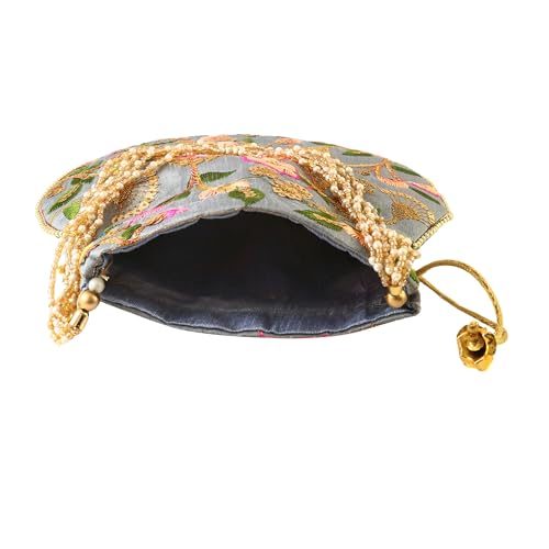 Image of Handcrafted Potli Purse with Golden Floral Embroidery and Pearl Accents