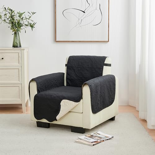 Image of Great Bay Home Reversible Chair Cover - Washable Slipcover Furniture Protector with Elastic Straps - Perfect for Kids & Pets - Quilted & Stitched Detail (Black /Taupe)