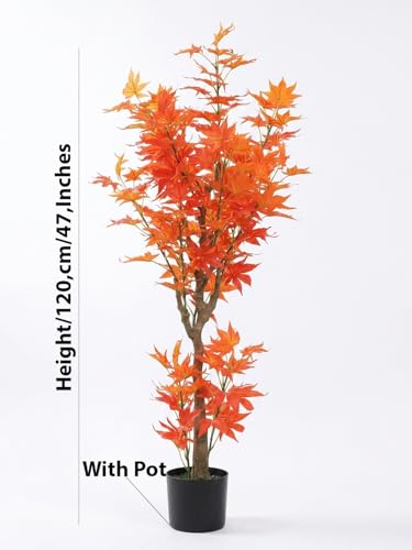 Image of ARICK DECOR 4Ft Artificial Japanese Maple Tree in Pot, Realistic Faux Autumn Orange Maple Plant, Peacock Shaped Floor Decor for Home, Office & Balcony